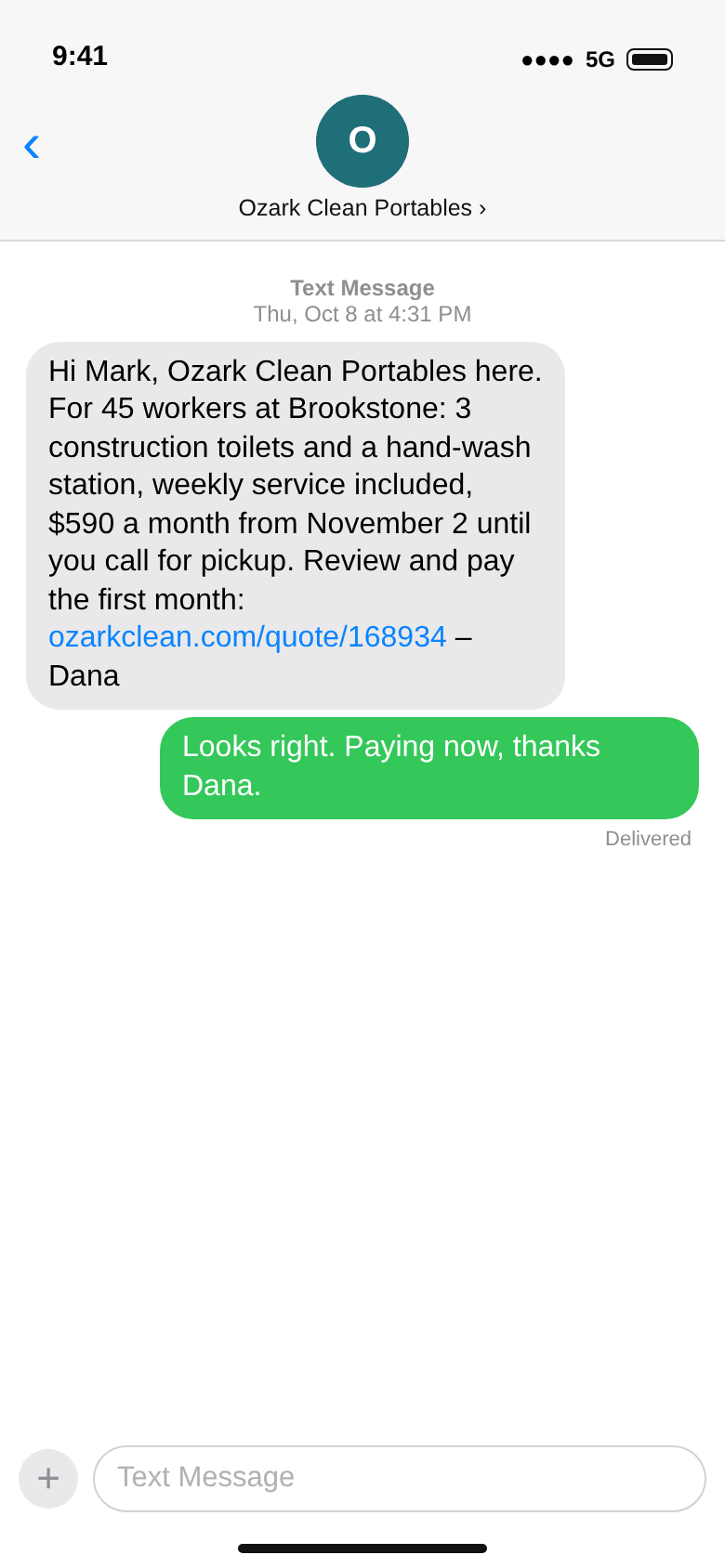 Text messages: the office answers with 3 toilets and a hand-wash station for 45 workers, $590 a month from November 2, and a link; the builder answers “Looks right. Paying now, thanks Dana.”