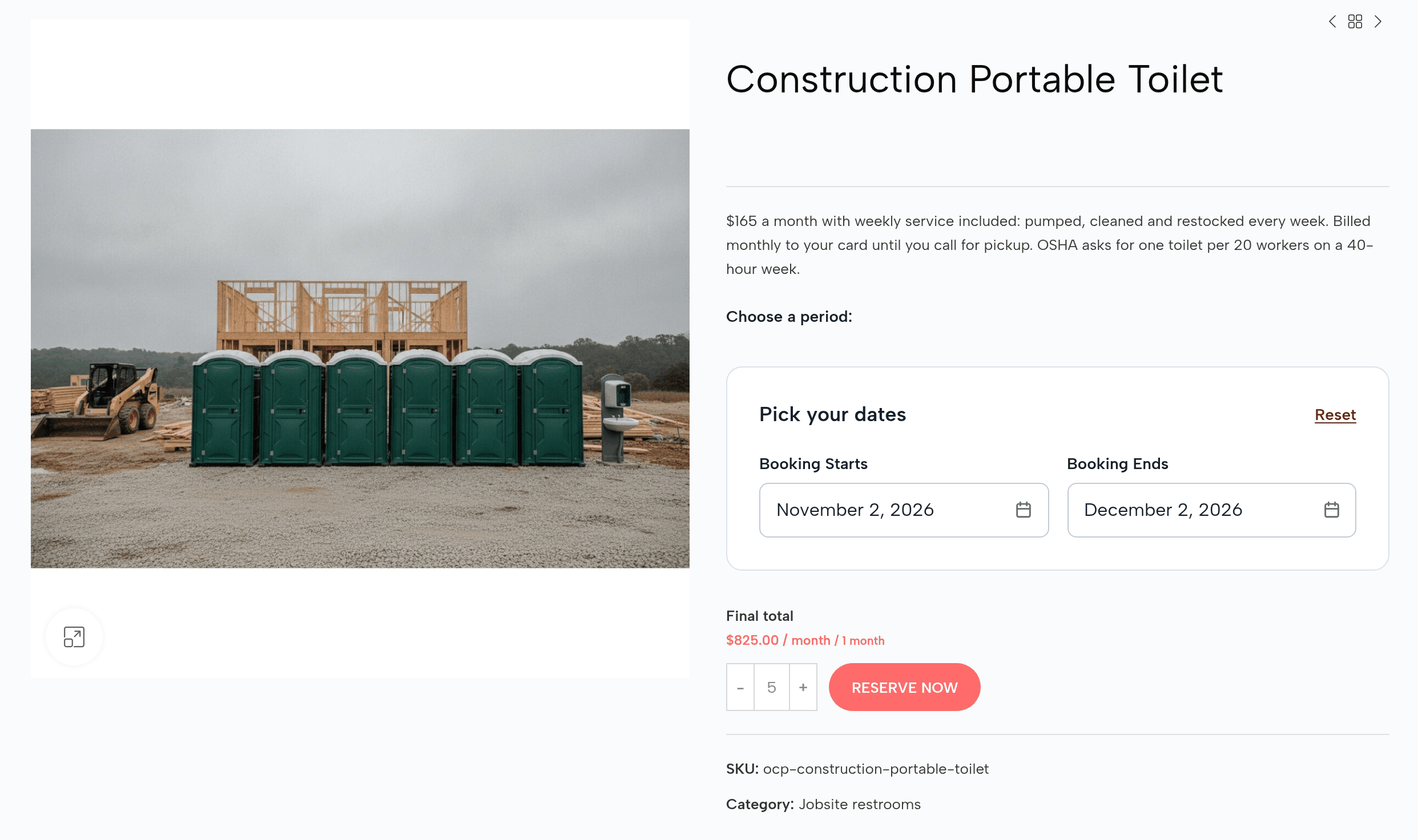 The Construction Portable Toilet page: start November 2, 2026, end December 2, five units, final total $825.00 / month
