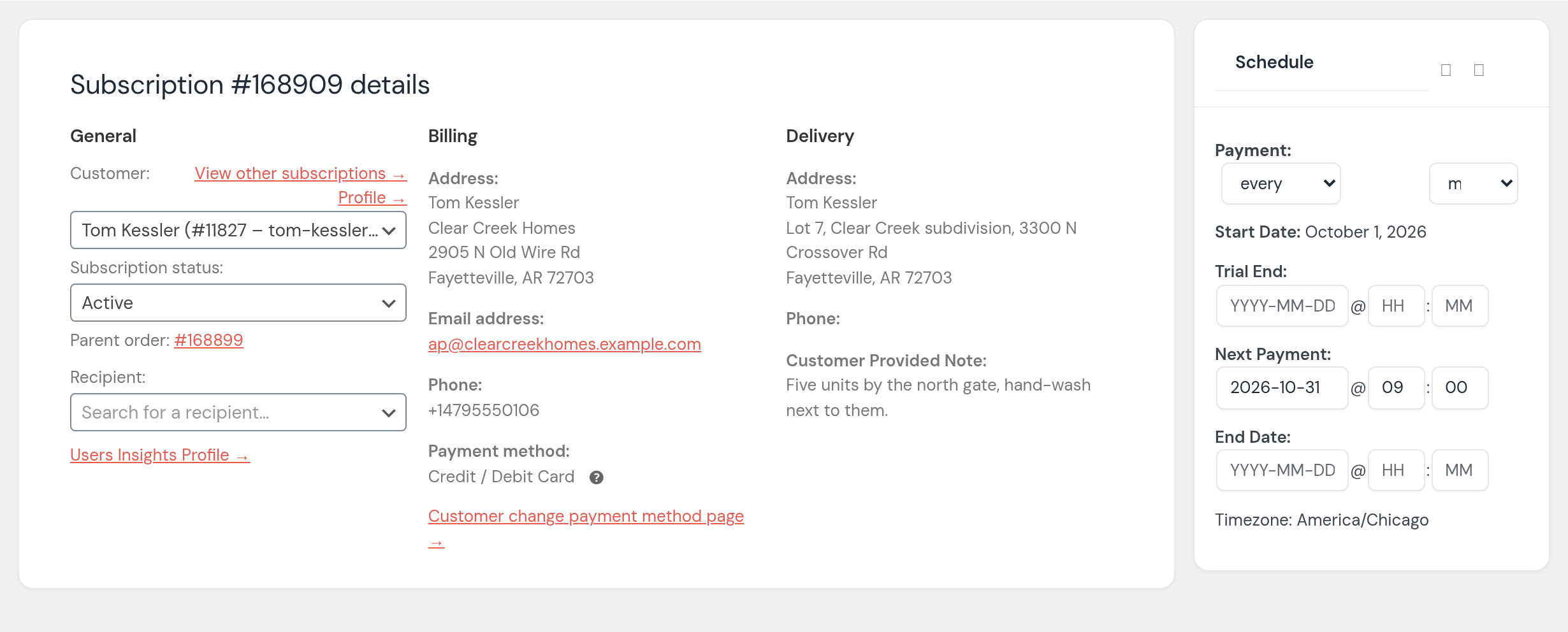 Clear Creek Homes’ subscription: Active, parent order, credit card on file; the schedule: every month, start October 1, 2026, next payment October 31, 2026 at 9:00, no end date