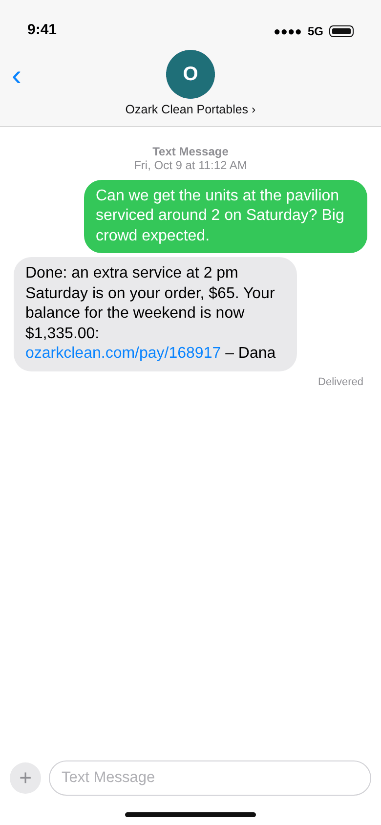 Text messages: the festival asks for a service around 2 on Saturday; the office answers that the extra service is on the order, $65, and the balance is now $1,335.00, with a link