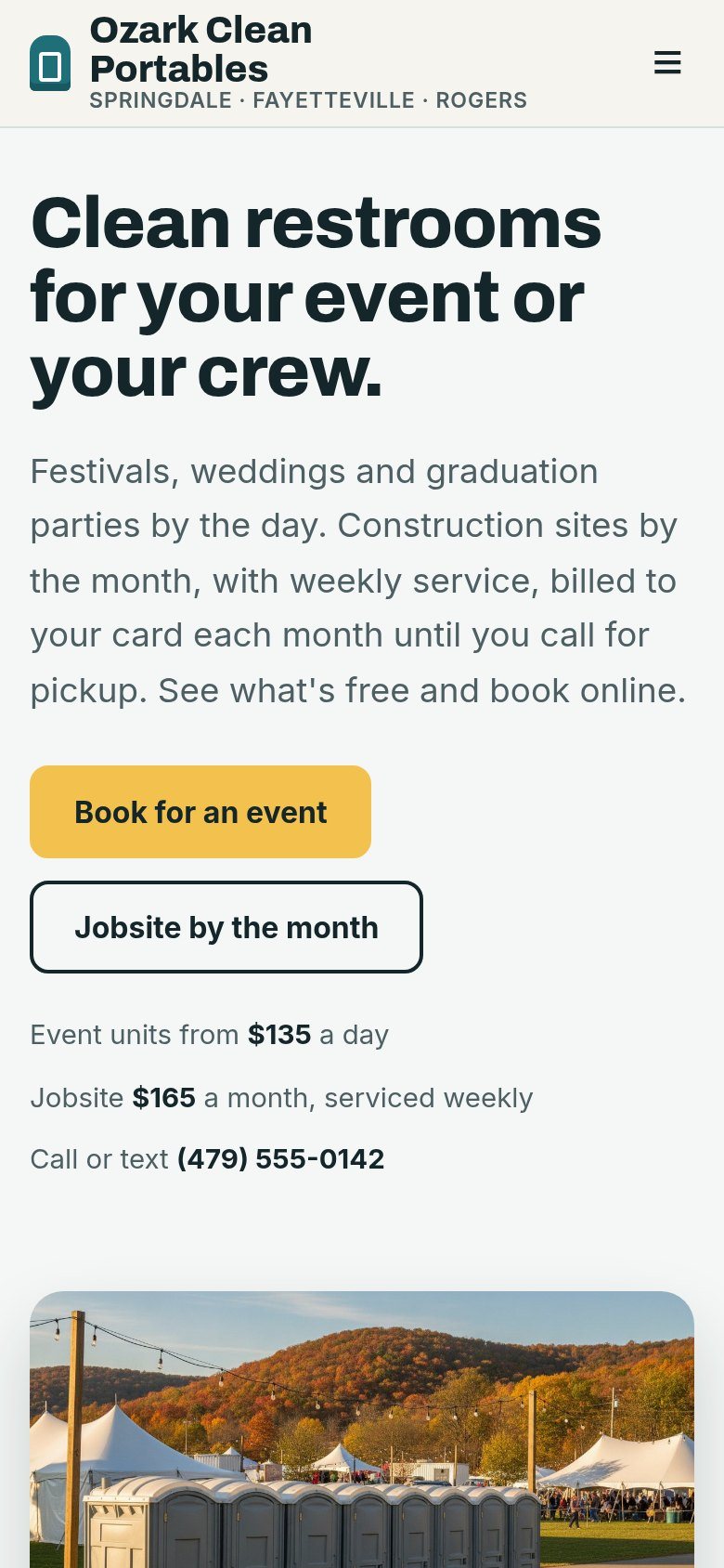 The Ozark Clean Portables website on a phone: Clean restrooms for your event or your crew.