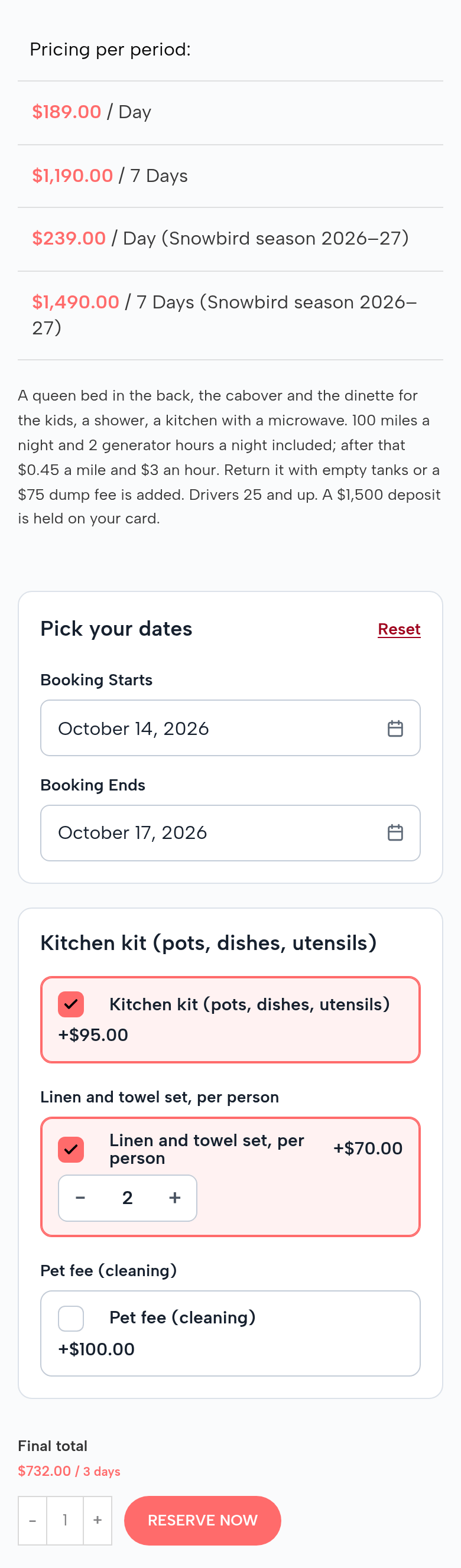 The Class C Motorhome, 25 ft page on a phone: pricing per period $189.00 a day, $1,190.00 for 7 days, $239.00 a day and $1,490.00 for 7 days in the Snowbird season 2026–27; the miles and generator hours included; October 14 to October 17, 2026; Kitchen kit +$95.00 ticked; Linen and towel set, per person ticked, 2, +$70.00; Pet fee not ticked; final total $732.00 for 3 days; Reserve Now