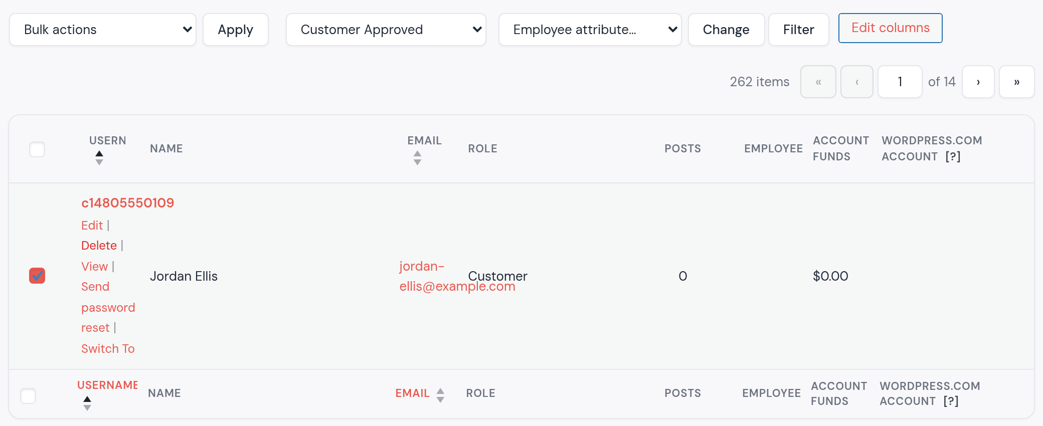 The Users list cut to customers: Jordan Ellis, jordan-ellis@example.com, role Customer, ticked; Change role to… Customer Approved; Change