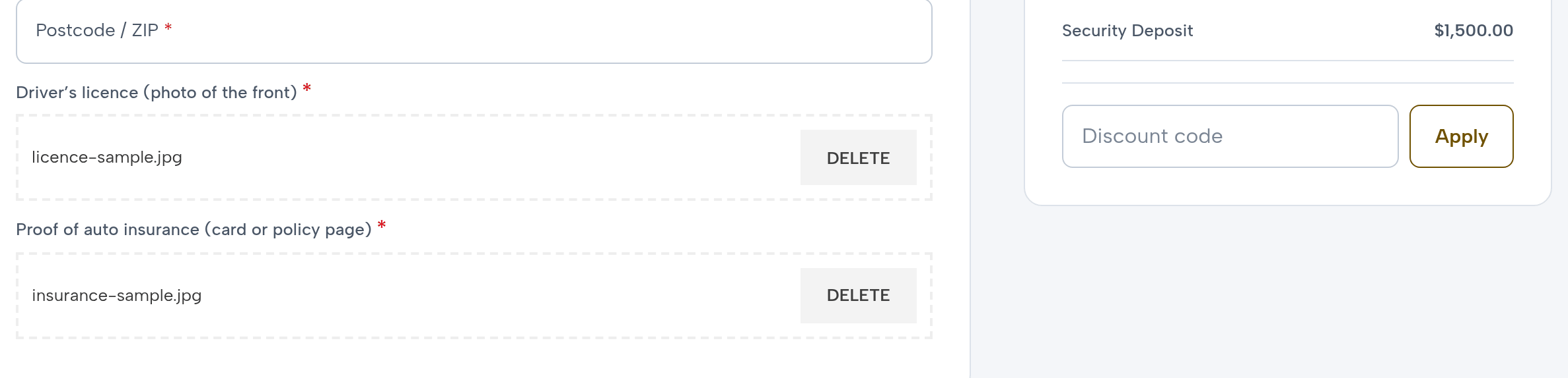 Judy’s checkout: Driver’s licence (photo of the front), licence-sample.jpg uploaded, Delete; Proof of auto insurance (card or policy page), insurance-sample.jpg uploaded, Delete; beside it the order summary’s security deposit $1,500.00