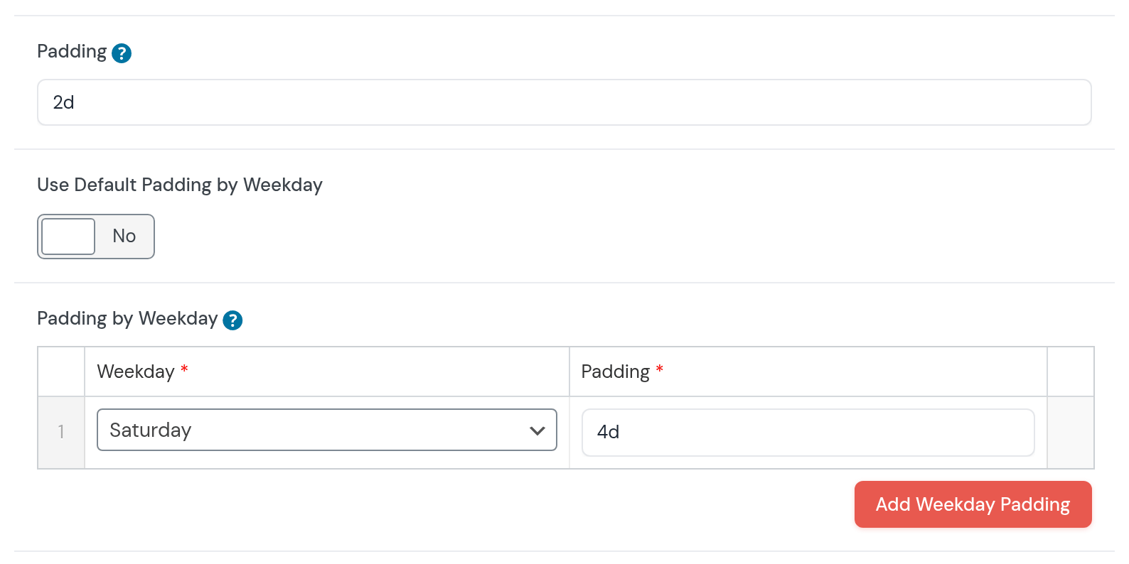 The motorhome’s settings: Padding 2d; Use Default Padding by Weekday No; Padding by Weekday: Saturday, 4d