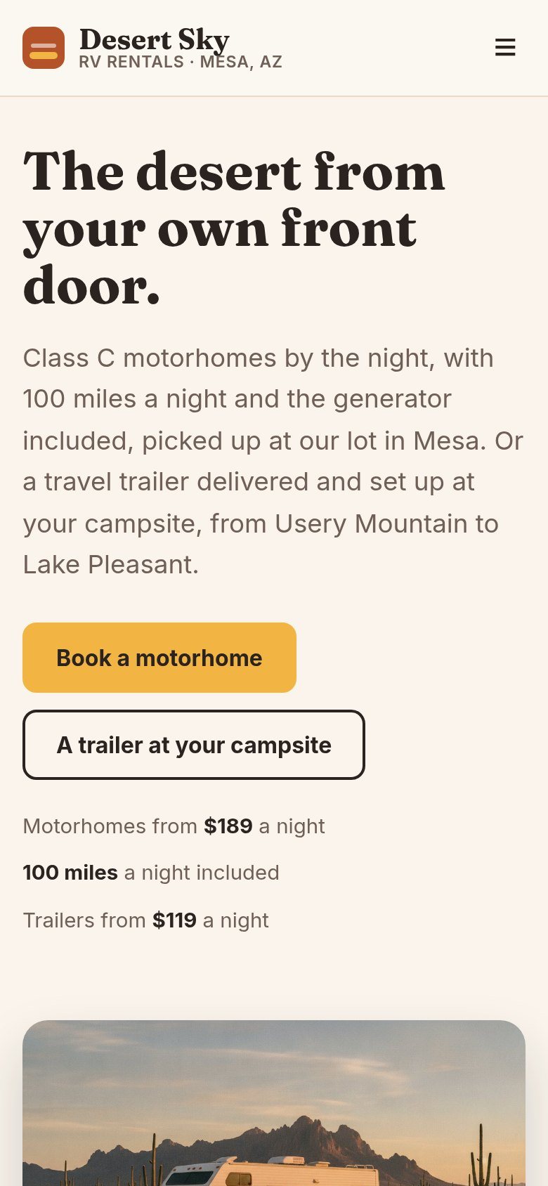 The Desert Sky RV Rentals website on a phone: The desert from your own front door.