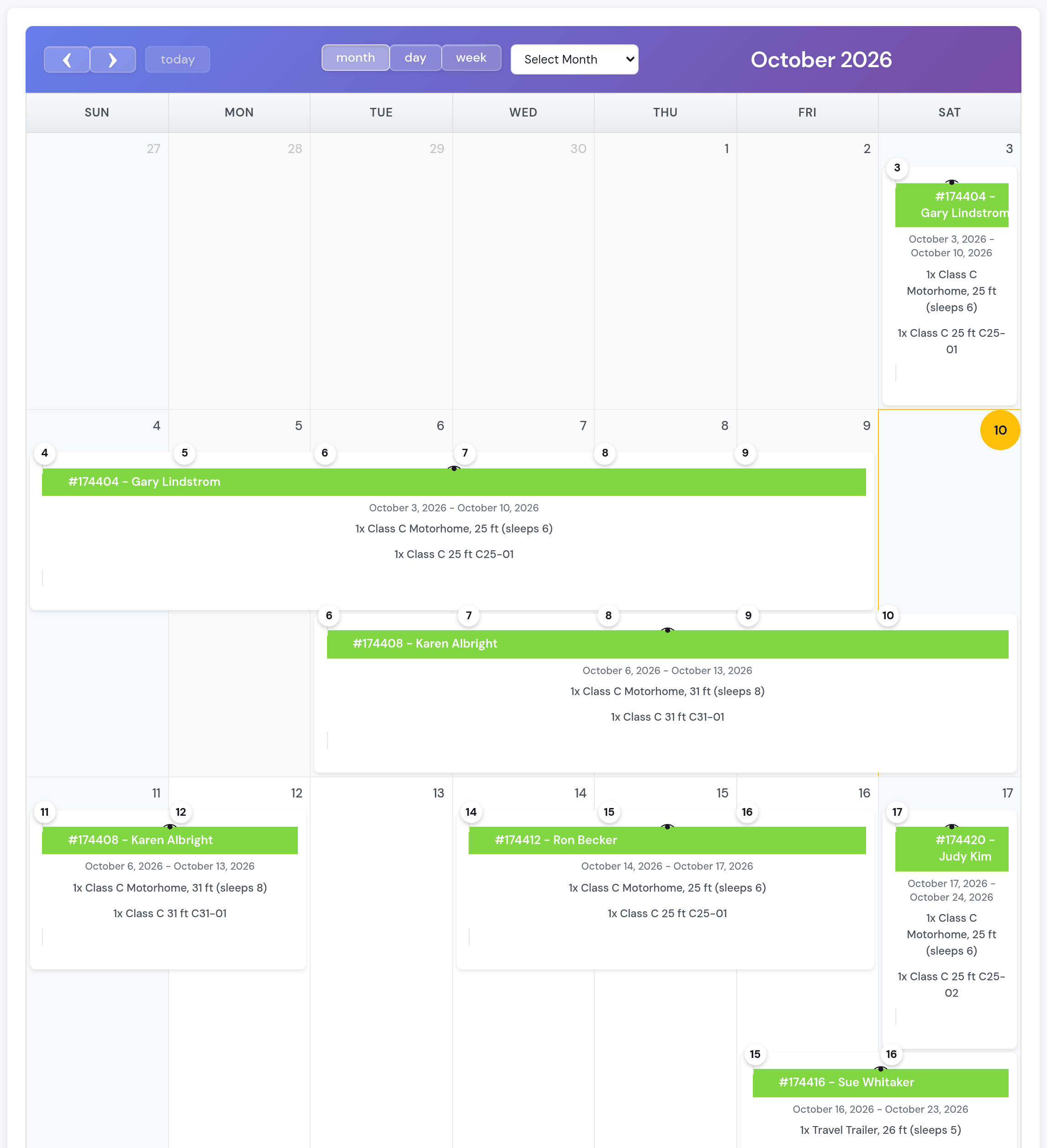 The Full Schedule for October 2026, a month calendar: Gary Lindstrom, Class C 25 ft C25-01, October 3 to 10; Karen Albright, Class C 31 ft C31-01, October 6 to 13; Ron Becker, C25-01, October 14 to 17; Sue Whitaker, Travel Trailer TT26-01, October 16 to 23; Judy Kim, C25-02, October 17 to 24; Tom Haskins, C25-03, from October 24; today the 10th marked