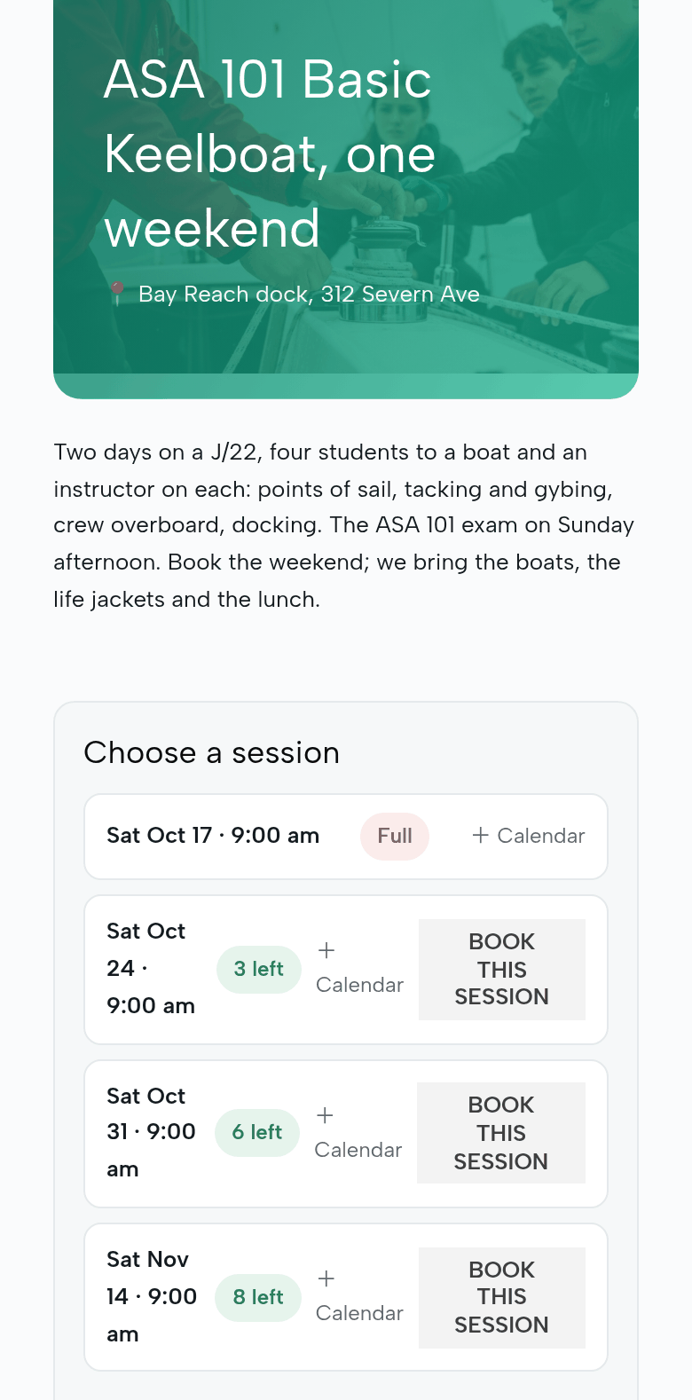 The ASA 101 Basic Keelboat page on a phone: Choose a session: Saturday October 17, 9:00 am, Full; Saturday October 24, 3 left; Saturday October 31, 6 left; Saturday November 14, 8 left