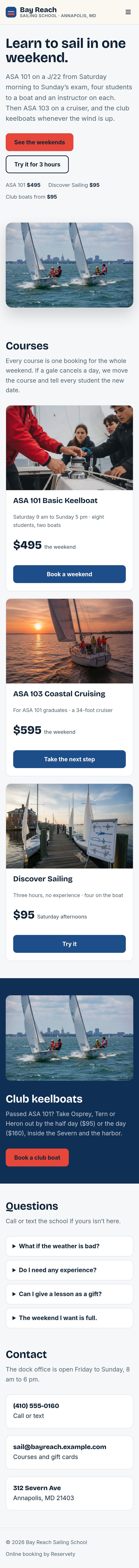 The Bay Reach Sailing School website on a phone: Learn to sail in one weekend.; the courses; club keelboats