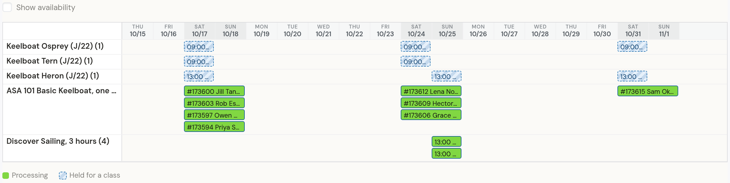 The Booking Schedule timeline, October 15 to November 1: Keelboat Osprey and Keelboat Tern held for a class on Saturdays the 17th, 24th and 31st (the 31st Osprey only) from 9:00; Keelboat Heron held for a class on Saturday the 17th, Sunday the 25th and Saturday the 31st from 1:00; ASA 101 Basic Keelboat with four bookings on the 17th, three on the 24th and one on the 31st; Discover Sailing, 3 hours, with two bookings on Sunday the 25th; the legend: Processing, Held for a class