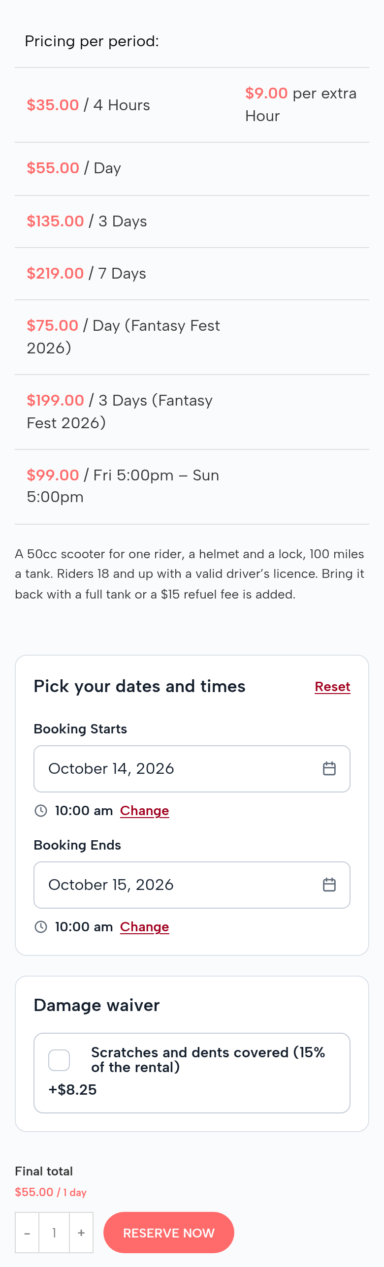The 50cc scooter page on a phone: pricing per period $35.00 for 4 hours and $9.00 per extra hour, $55.00 a day, $135.00 for 3 days, $219.00 for 7 days, $75.00 a day (Fantasy Fest 2026), $199.00 for 3 days (Fantasy Fest 2026), $99.00 Fri 5:00pm – Sun 5:00pm; booking starts October 14, 2026 at 10:00 am, ends October 15 at 10:00 am; the damage waiver; final total $55.00 for 1 day; Reserve Now