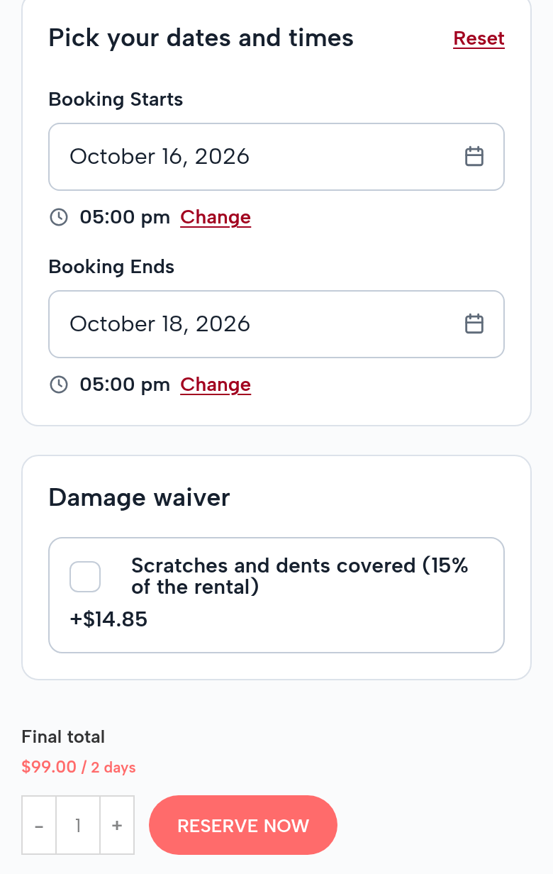 The 50cc booking on a phone: October 16, 2026 at 5:00 pm to October 18 at 5:00 pm; the damage waiver +$14.85; final total $99.00 for 2 days