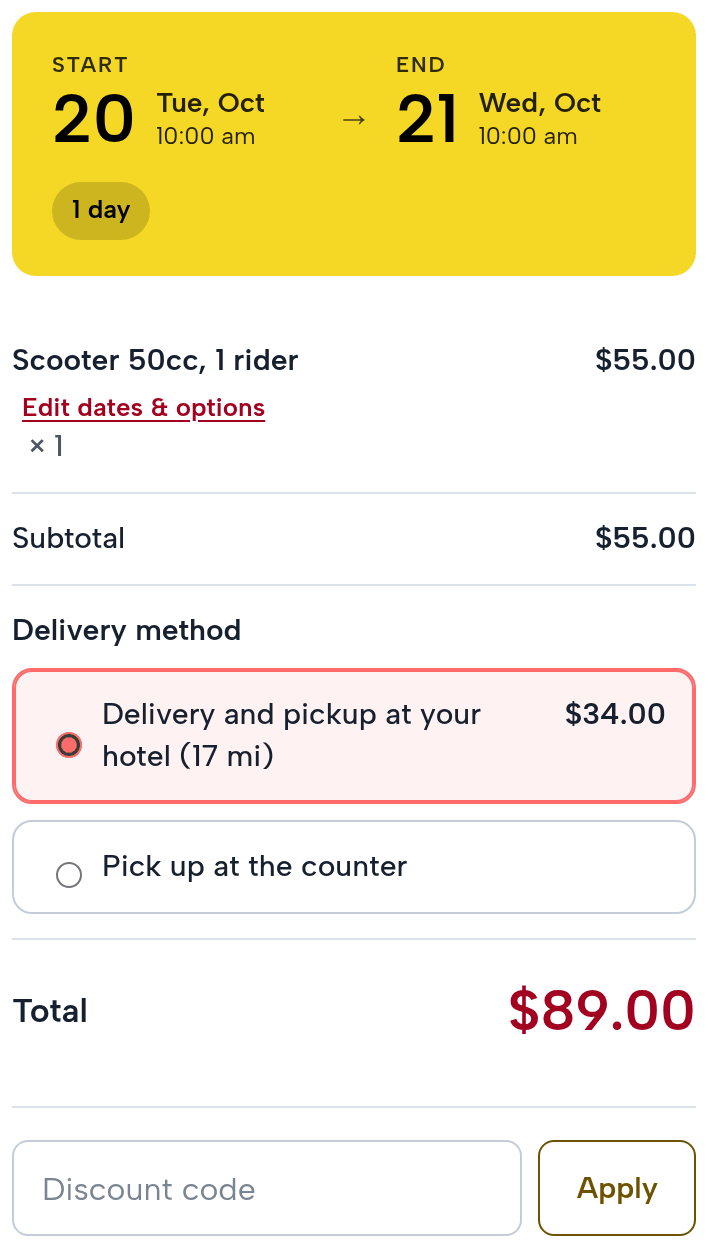The checkout summary: start Tuesday October 20, 10:00 am, end Wednesday October 21, 10:00 am, 1 day; Scooter 50cc, 1 rider $55.00; subtotal $55.00; delivery method: Delivery and pickup at your hotel (17 mi) $34.00 (picked) or Pick up at the counter; total $89.00