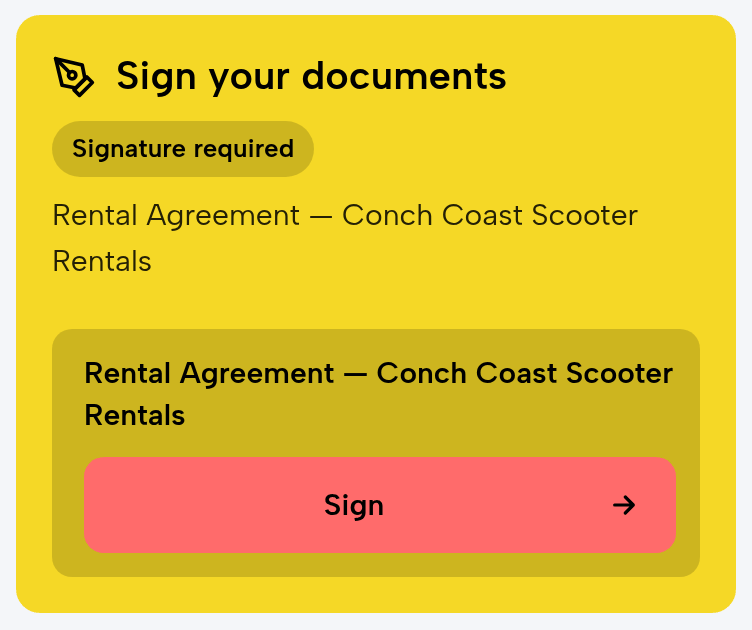 Olivia’s booking on a phone: Sign your documents; Signature required; Rental Agreement — Conch Coast Scooter Rentals; Sign