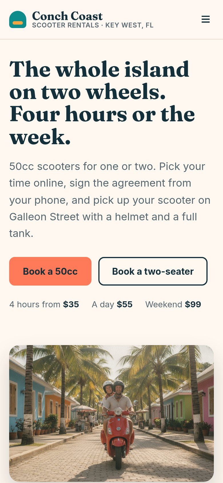 The Conch Coast Scooter Rentals website on a phone: The whole island on two wheels. Four hours or the week.