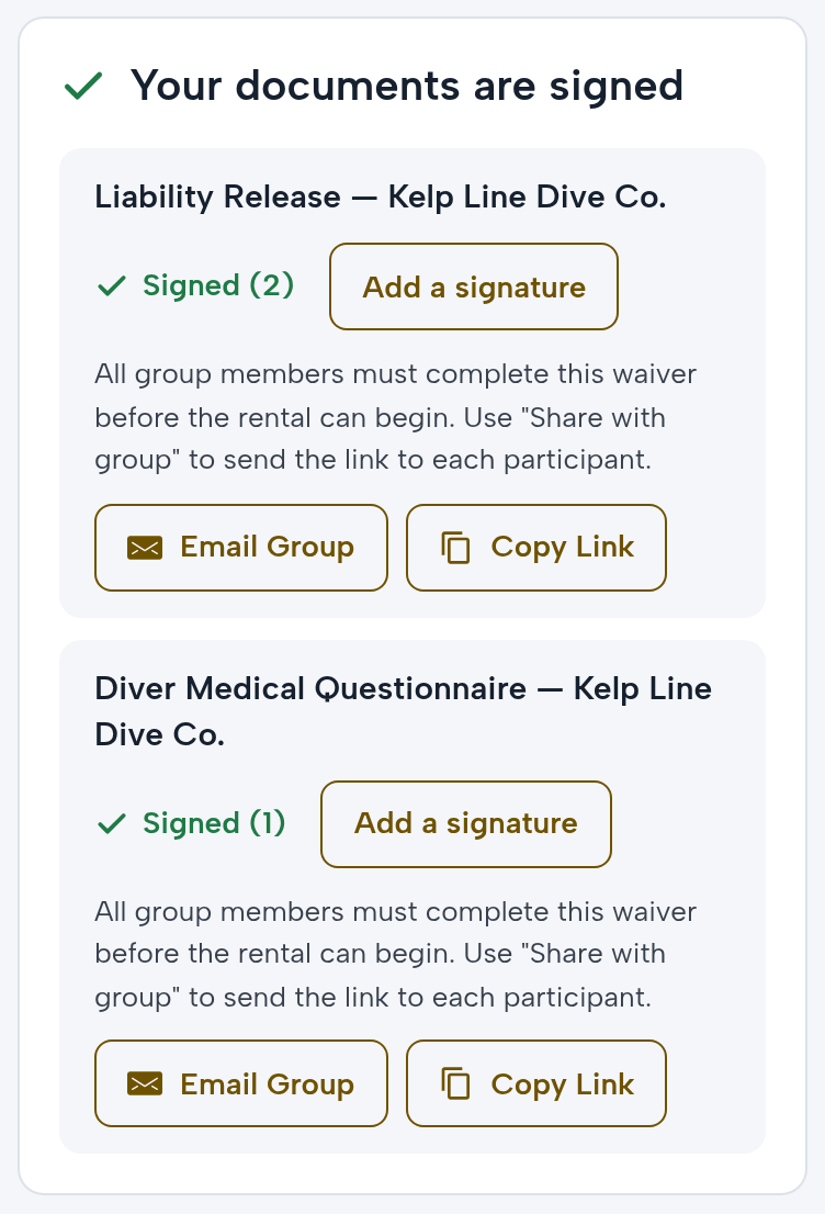 The Delgados’ booking on a phone: Liability Release — Kelp Line Dive Co., Signed (2); Diver Medical Questionnaire — Kelp Line Dive Co., Signed (1); Add a signature, Email Group and Copy Link on each
