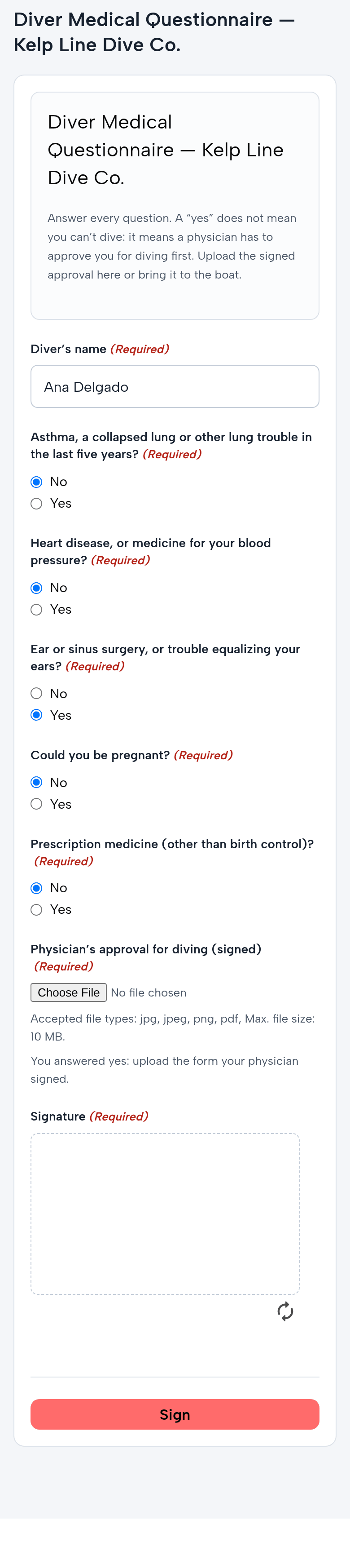 The diver medical questionnaire on a phone: Ana Delgado; five questions answered No except ear or sinus surgery, or trouble equalizing your ears: Yes; Physician’s approval for diving (signed), required: You answered yes, upload the form your physician signed; the signature pad; Sign