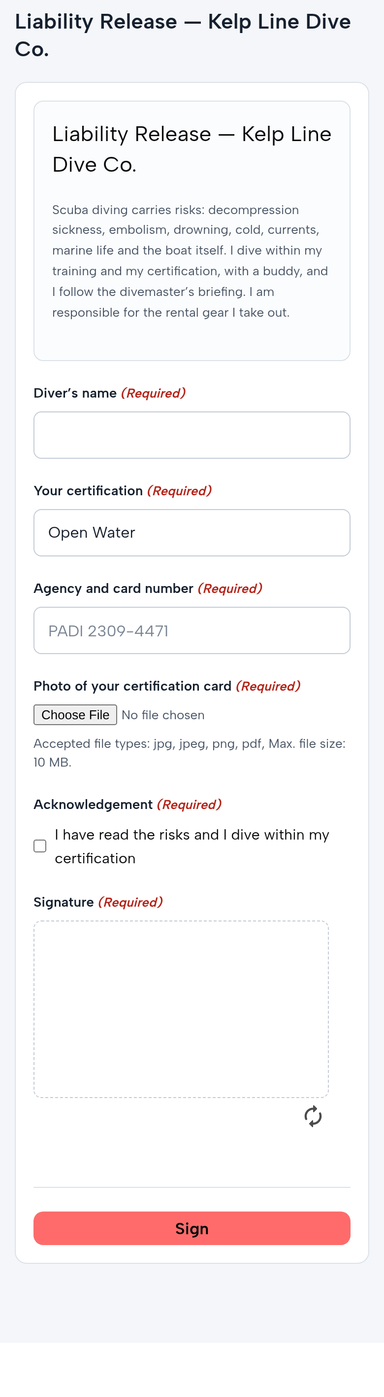 The liability release from the group link on a phone: the risks; the diver’s name; Your certification; Agency and card number; Photo of your certification card; the acknowledgement; the signature pad; Sign