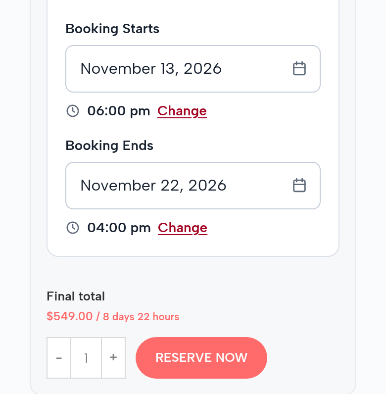 The course booking on a phone: Booking Starts November 13, 2026, 6:00 pm; Booking Ends November 22, 2026, 4:00 pm; final total $549.00 for 8 days 22 hours; Reserve Now