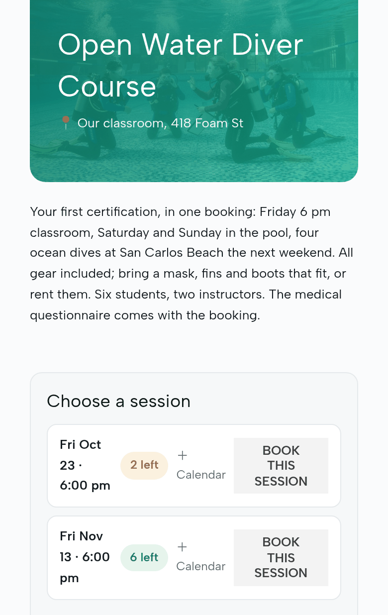 The Open Water Diver Course page on a phone: one booking for both weekends, six students; Choose a session: Friday October 23, 6:00 pm, 2 left; Friday November 13, 6:00 pm, 6 left