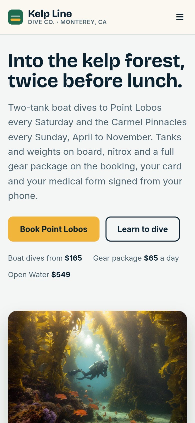 The Kelp Line Dive Co. website on a phone: Into the kelp forest, twice before lunch.