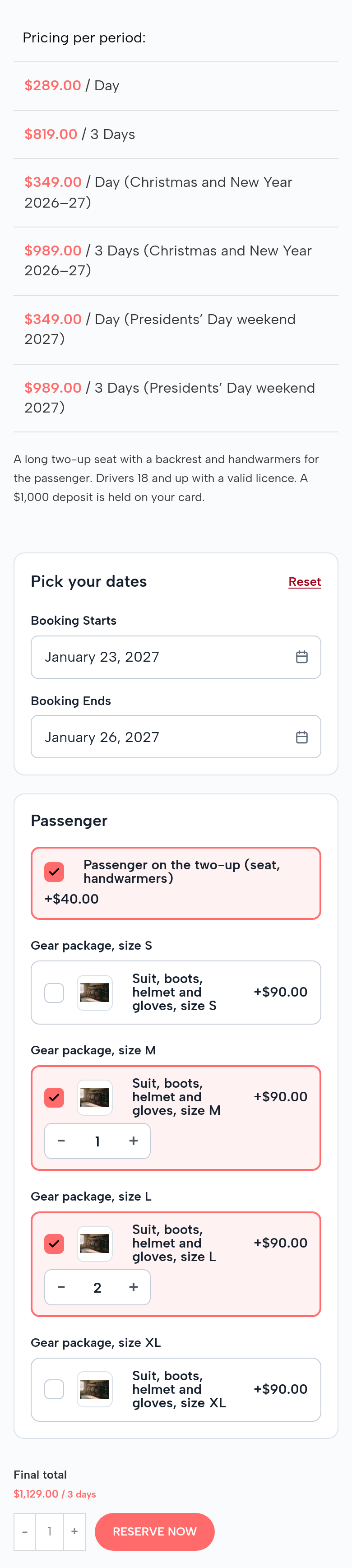 The Two-Up Snowmobile page on a phone: pricing per period $289.00 a day, $819.00 for 3 days, the holiday rows; Passenger on the two-up ticked; gear package size L × 2, size M × 1; January 23 to January 26, 2027; final total $1,129.00 for 3 days; Reserve Now