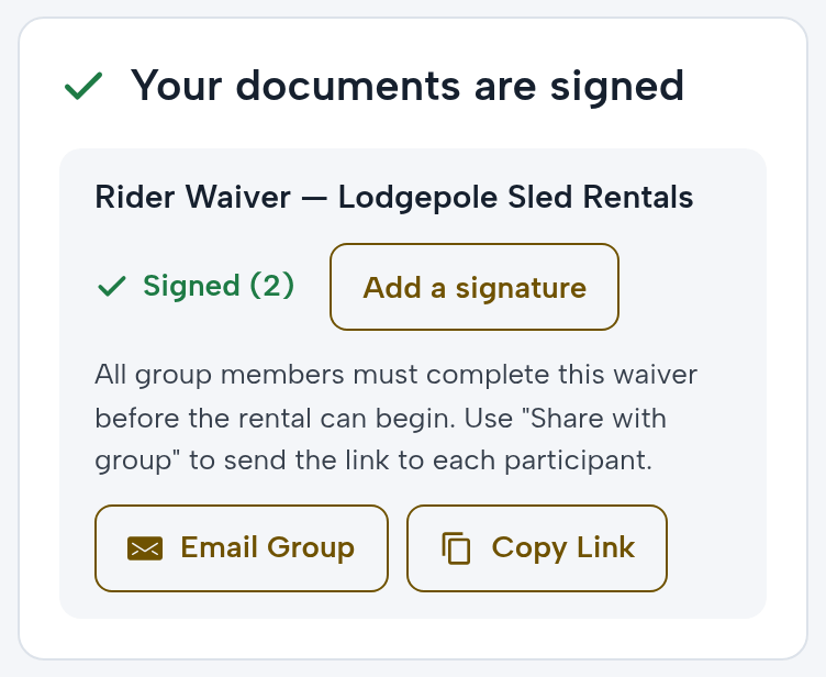 The Johanssons’ booking on a phone: Rider Waiver — Lodgepole Sled Rentals; Signed (2); Add a signature; all group members must complete this waiver before the rental can begin; Email Group and Copy Link