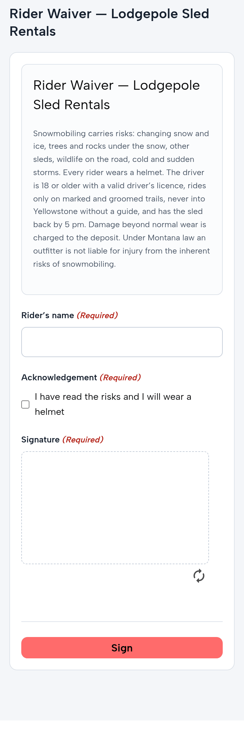 The waiver from the shared link on a phone: Rider Waiver — Lodgepole Sled Rentals; the risks; the rider’s name; the acknowledgement: I have read the risks and I will wear a helmet; the signature pad; Sign