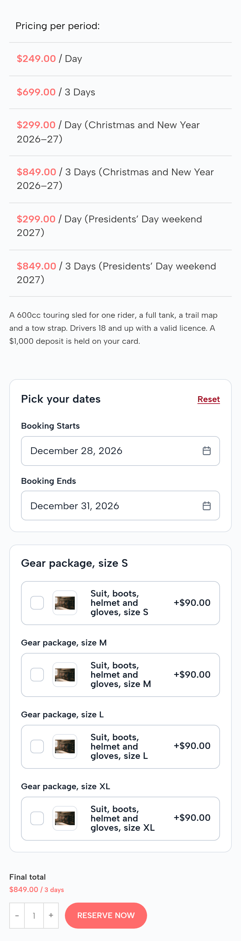 The Single Snowmobile page on a phone: the rate table with the Christmas and New Year rows; December 28 to December 31, 2026; final total $849.00 for 3 days