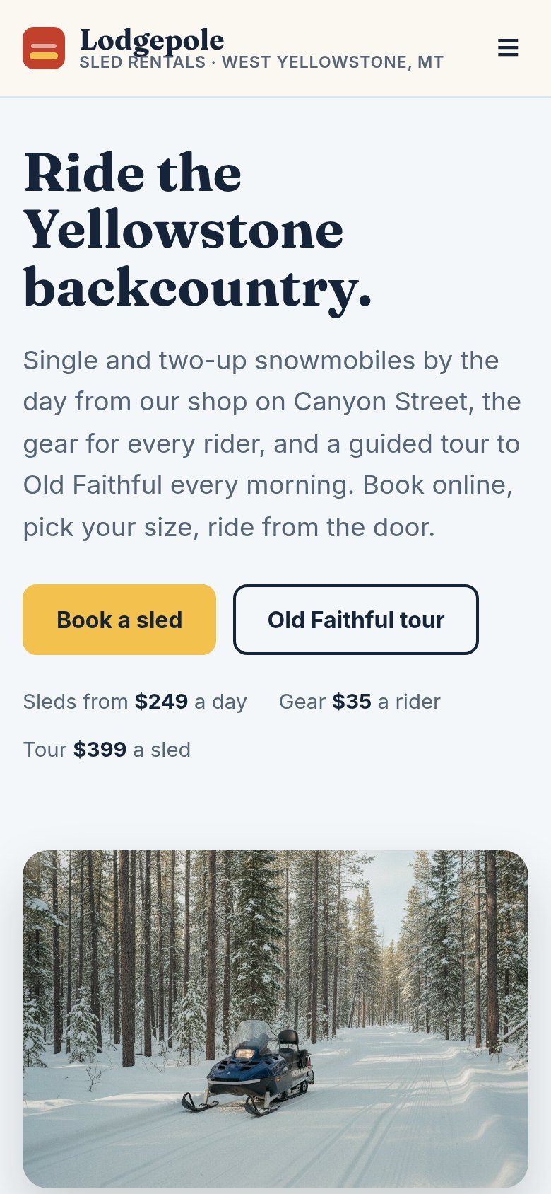 The Lodgepole Sled Rentals website on a phone: Ride the Yellowstone backcountry.