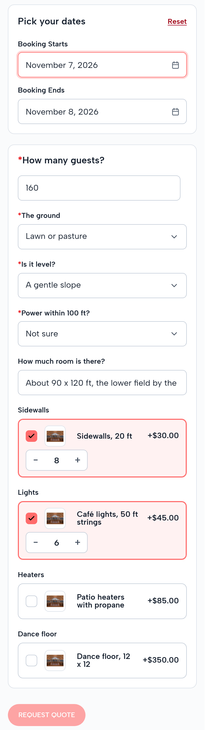 The 40 x 60 Pole Tent page on a phone: November 7 to 8; How many guests? 160; The ground: Lawn or pasture; Is it level? A gentle slope; Power within 100 ft? Not sure; How much room is there? About 90 x 120 ft, the lower field by the pond; 8 sidewalls; 6 café light strings; Request Quote