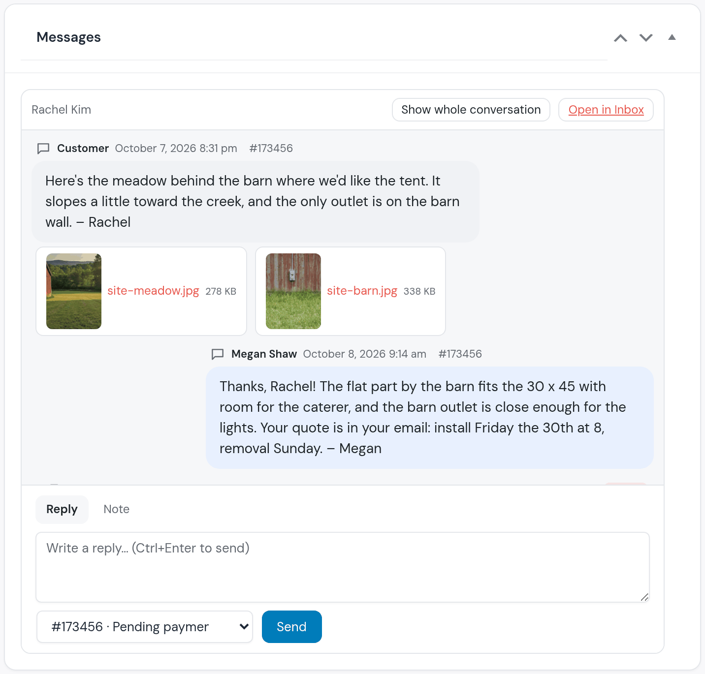 The order’s messages: Rachel’s note with two photos, the meadow and the barn wall with its outlet; Megan’s answer: the flat part by the barn fits the 30 x 45, the quote is in Rachel’s email