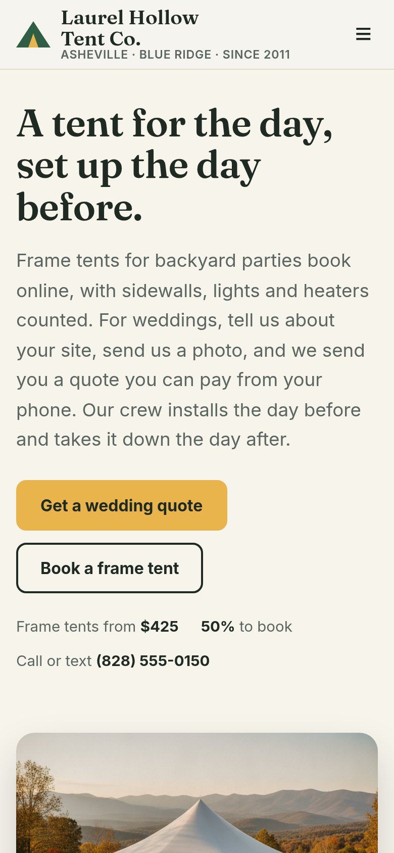The Laurel Hollow Tent Co. website on a phone: A tent for the day, set up the day before.