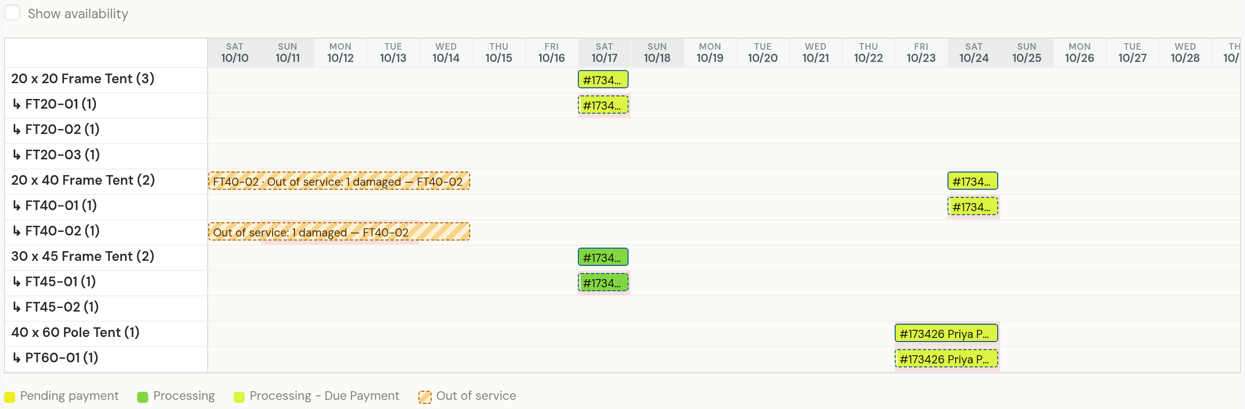 The Booking Schedule timeline, October 10 to 31, every tent unit by unit: 20 x 20 Frame Tent and FT20-01 to FT20-03, one booking on Saturday the 17th; 20 x 40 Frame Tent, FT40-02 out of service from the 10th to the 14th (a hatched bar, Out of service: 1 damaged), FT40-01 booked Saturday the 24th; 30 x 45 Frame Tent, FT45-01 booked on the 17th; 40 x 60 Pole Tent, PT60-01 with Priya Patel’s booking from Thursday the 22nd to Sunday the 25th; the legend: Pending payment, Processing, Processing – Due Payment, Out of service