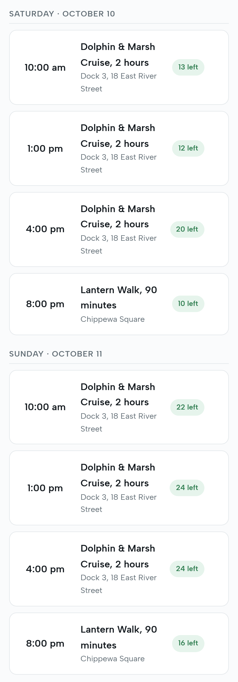 The “Tours this week” page on a phone: Saturday, October 10: Dolphin & Marsh Cruise at 10:00 am, 13 left; 1:00 pm, 12 left; 4:00 pm, 20 left; Lantern Walk at 8:00 pm, 10 left (Chippewa Square); Sunday, October 11: the cruise at 10:00 am, 22 left; 1:00 and 4:00 pm, 24 left; the walk, 16 left
