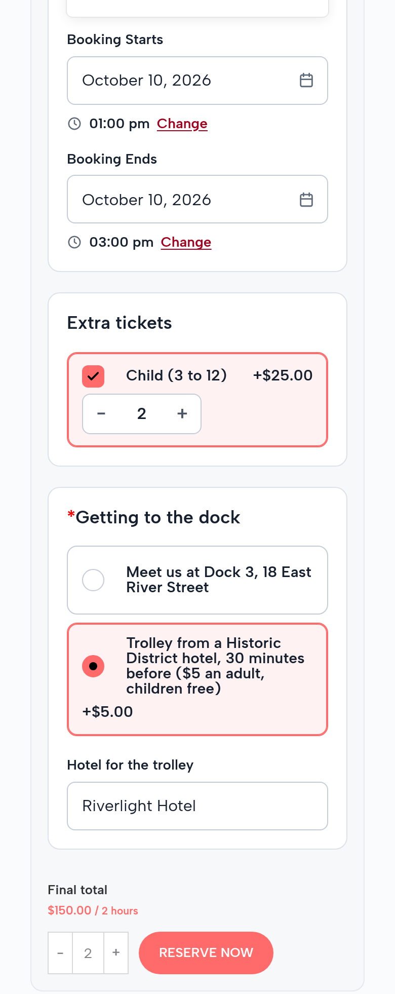 The cruise’s booking form on a phone: October 10, 2026, 1:00 pm to 3:00 pm; Extra tickets: Child (3 to 12), 2; Getting to the dock: Trolley from a Historic District hotel, 30 minutes before; Hotel for the trolley: Riverlight Hotel; 2 adults; Reserve Now