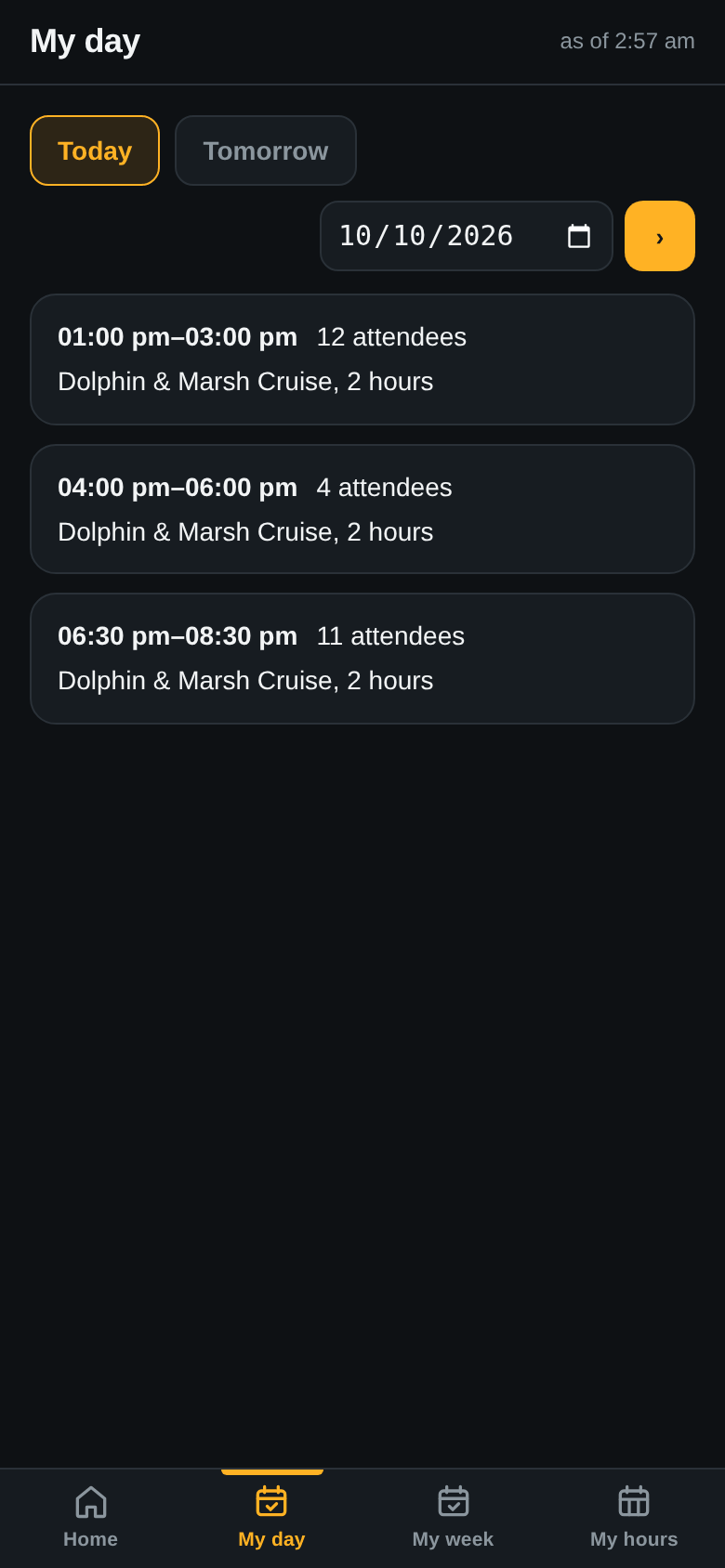 The captain’s day in the staff app on a phone: October 10, 2026: 1:00–3:00 pm, 12 attendees; 4:00–6:00 pm, 4 attendees; 6:30–8:30 pm, 11 attendees; Dolphin & Marsh Cruise, 2 hours