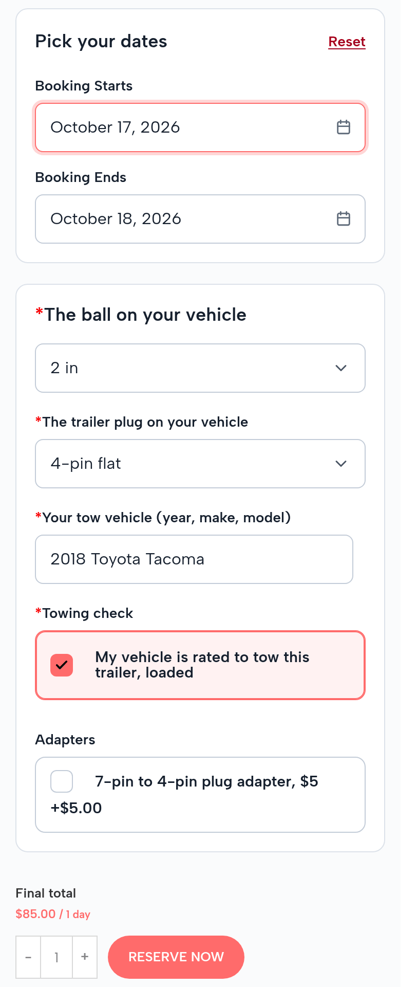 The 6 x 12 Enclosed Cargo Trailer page on a phone: October 17 to 18; the ball on your vehicle 2 in; the trailer plug 4-pin flat; your tow vehicle 2018 Toyota Tacoma; towing check ticked: my vehicle is rated to tow this trailer, loaded; the adapter not ticked; final total $85.00