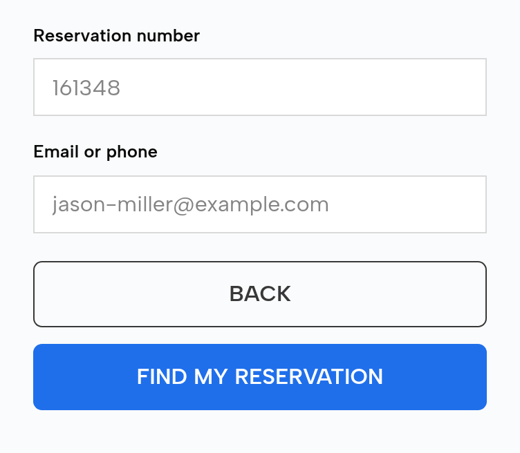 The yard check-in page on a phone: the reservation number and the email jason-miller@example.com filled in; Back and Find my reservation