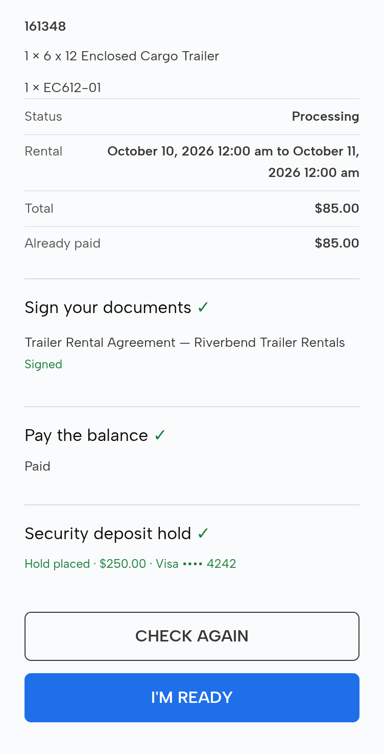 The yard page for Jason’s booking: the 6 x 12 Enclosed Cargo Trailer, EC612-01, October 10 to 11; total $85.00, already paid $85.00; sign your documents: Trailer Rental Agreement signed; pay the balance: paid; security deposit hold: hold placed, $250.00, Visa ending 4242; Check again and I’m ready