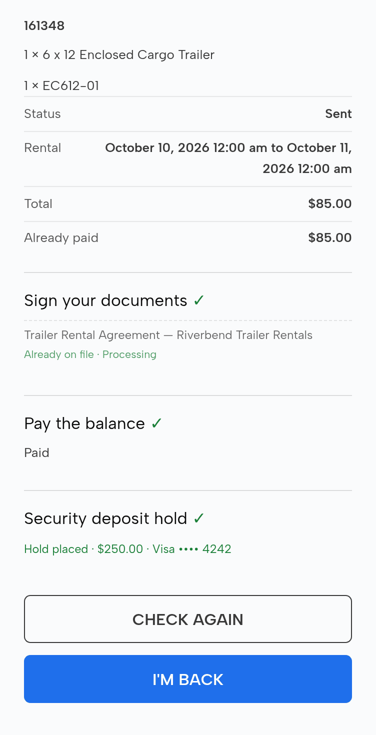 The yard page for Jason’s booking after pickup: status Sent; the documents, the payment and the deposit hold all done; Check again and I’m back