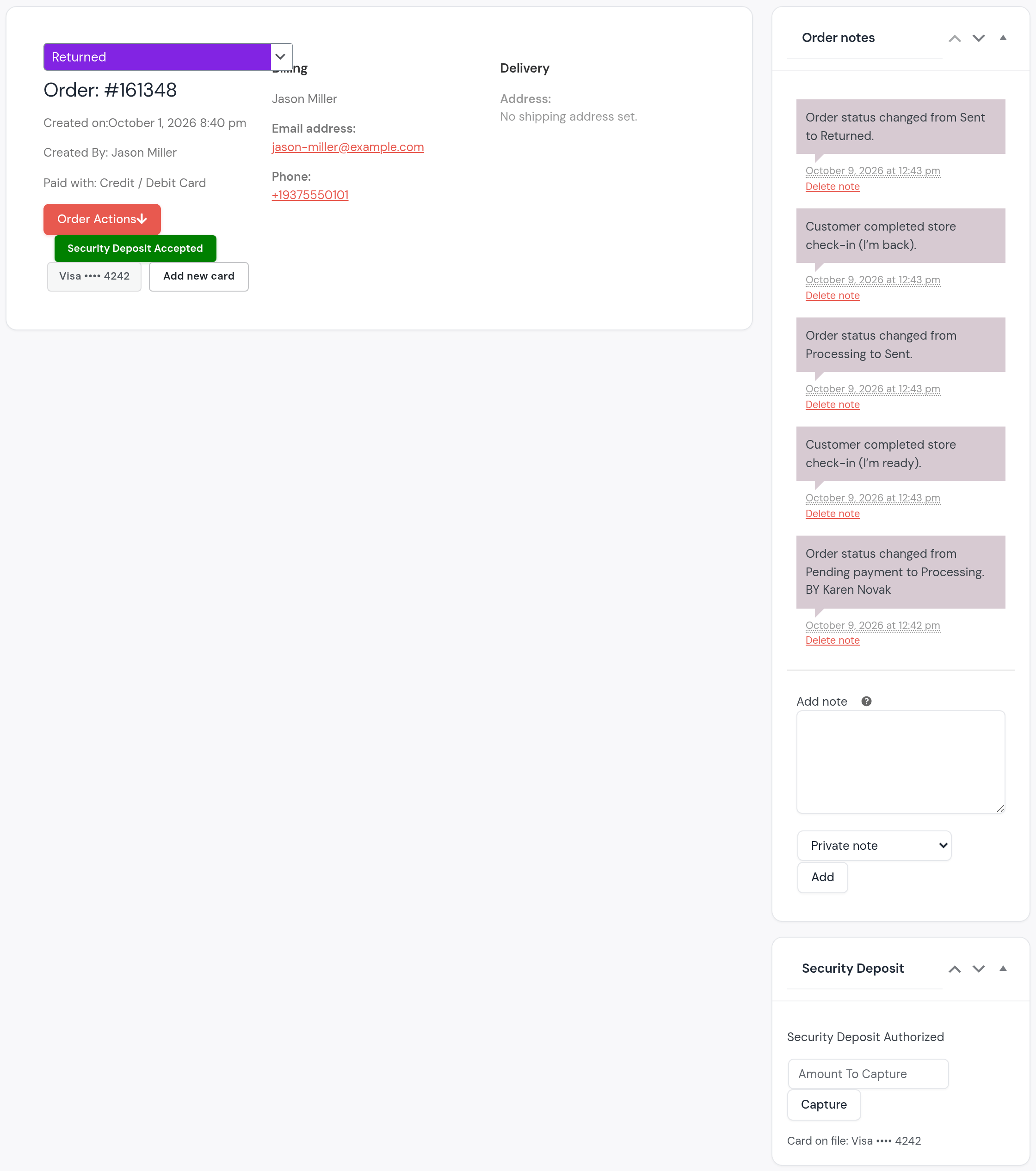 Jason Miller’s order after the return: status Returned; Security Deposit Accepted; the notes: store check-in (I’m ready), Processing to Sent, store check-in (I’m back), Sent to Returned; the Security Deposit box: authorized, an amount to capture and Capture, card on file Visa ending 4242