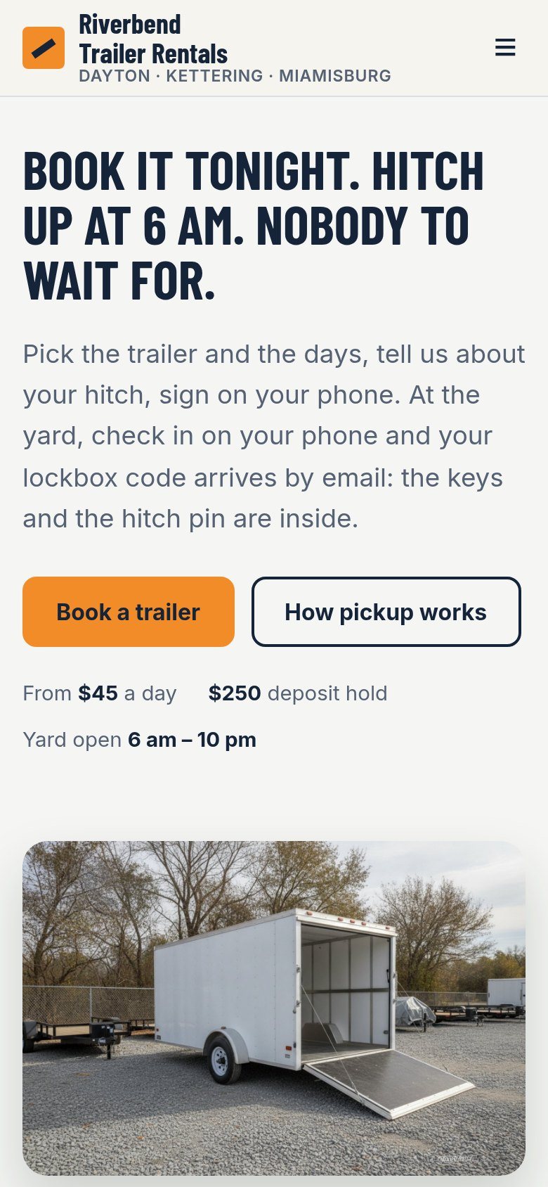 The Riverbend Trailer Rentals website on a phone: Book it tonight. Hitch up at 6 am.