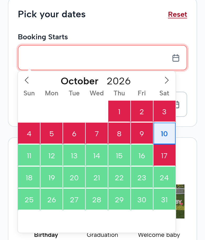 The date picker on a phone, October 2026: Saturday the 17th in red, sold out; the other days from the 11th on in green
