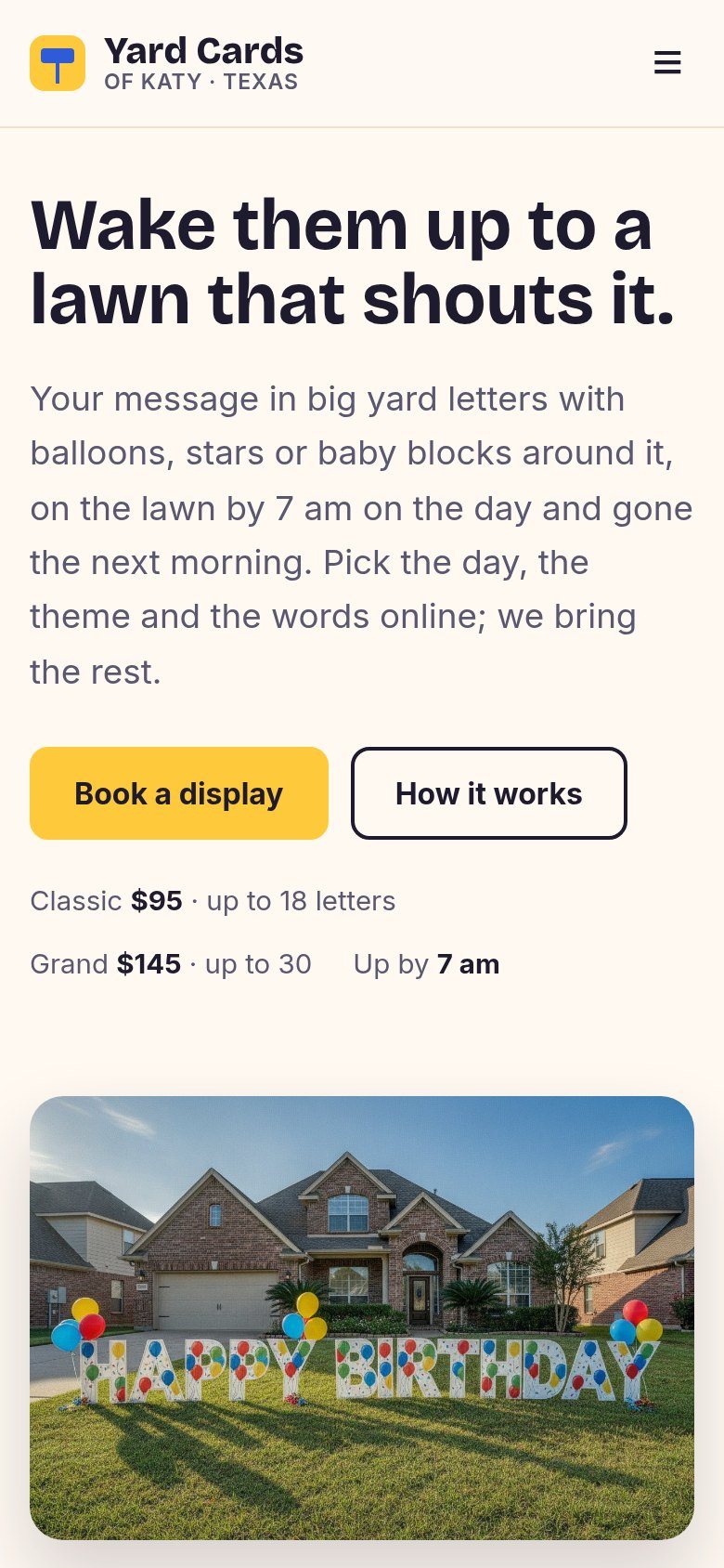 The Yard Cards of Katy website on a phone: Wake them up to a lawn that shouts it.