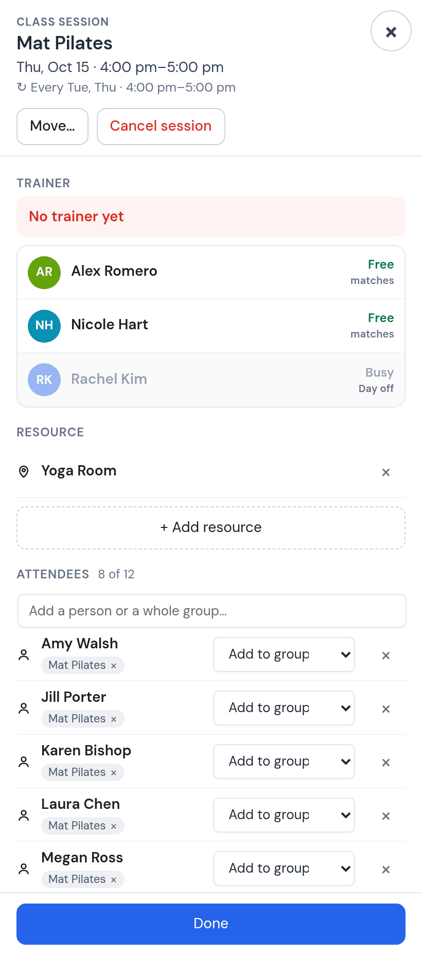 The instructor list on Thursday’s class: Rachel busy, day off; Nicole free