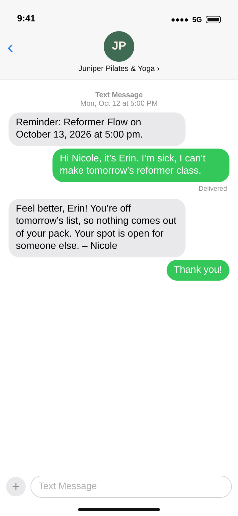 The reminder text the day before a class, with a client’s reply