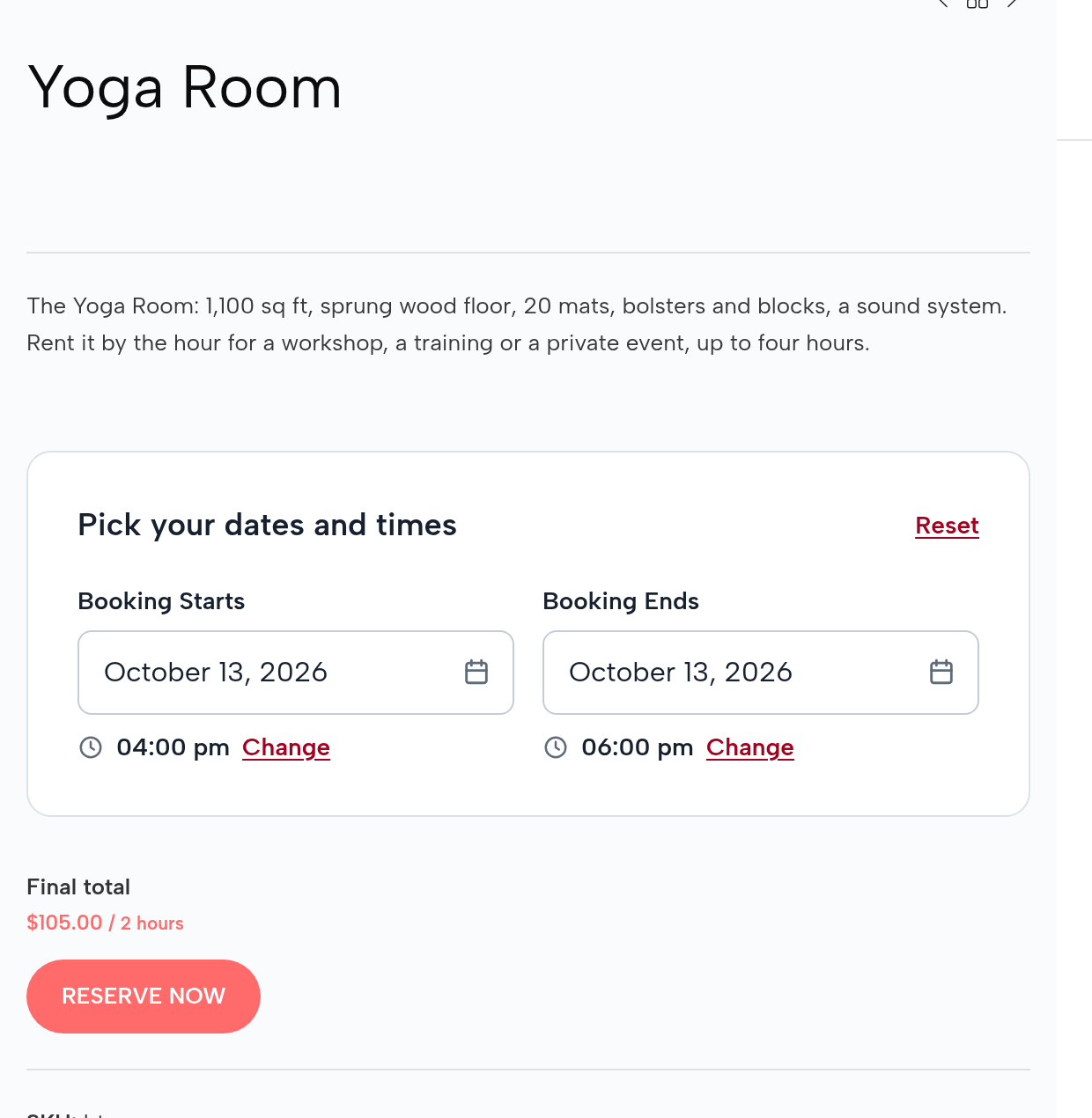 The Yoga Room page: a day, a start time and up to four hours, with the evening price