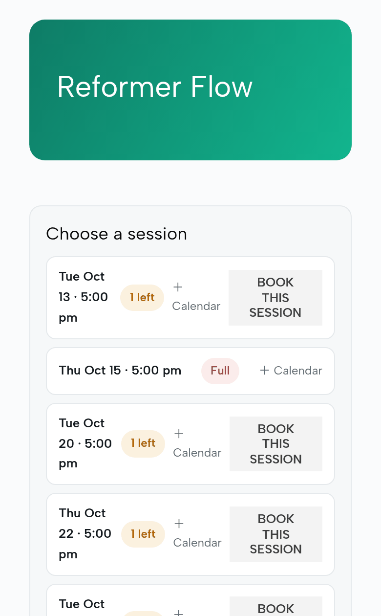 The class page on a client’s phone: places left class by class, then Full