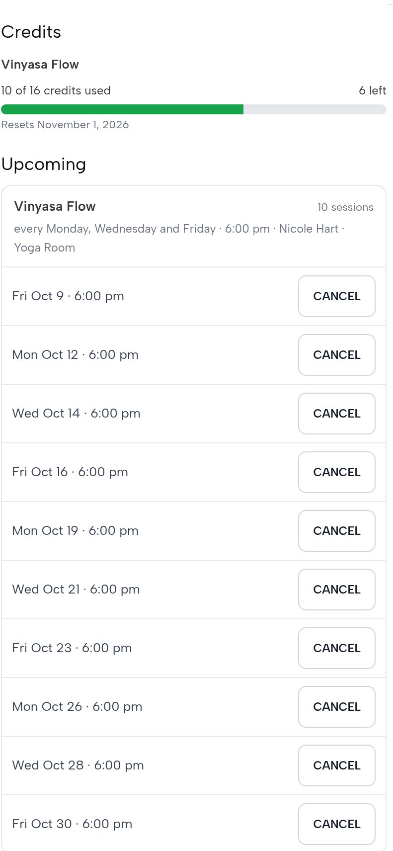 A member’s page on the phone: 16 classes a month, 6 left, and the classes ahead